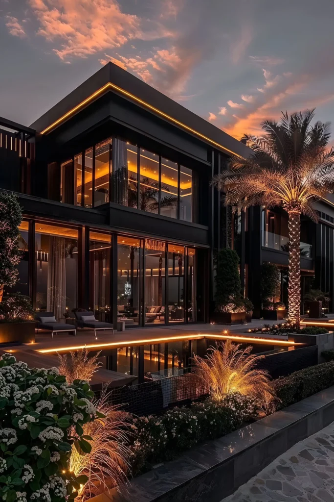 Luxury modern home at night with illuminated glass walls, sleek pool, ambient lighting, and lush landscaping.