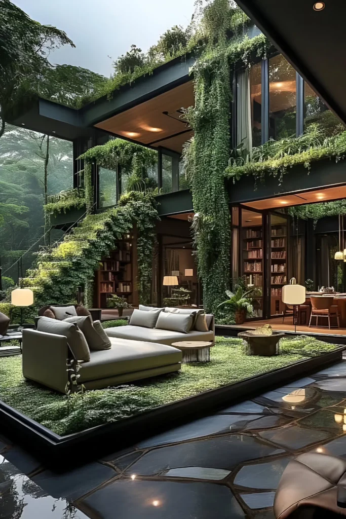 Luxury modern home with vertical gardens, glass walls, open courtyard, and nature-inspired interiors.