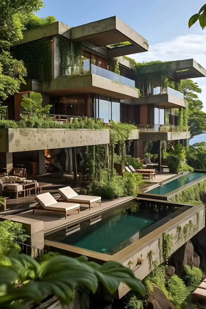 Luxury modern cliffside home with cascading greenery, layered terraces, infinity pools, and expansive glass panels.