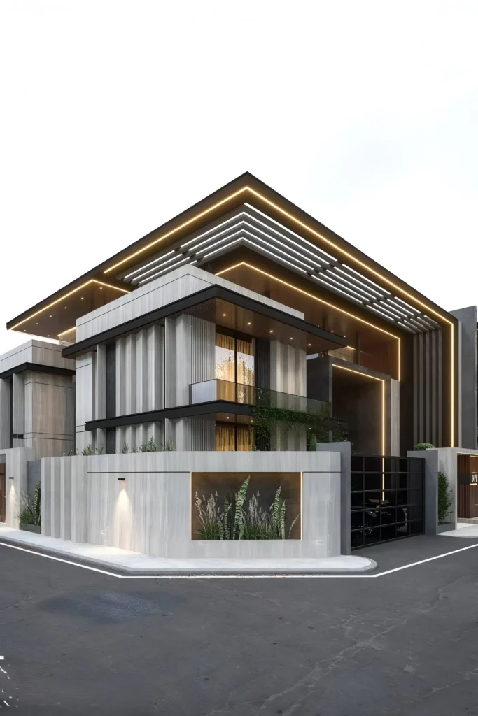 Modern luxury home with bold architectural lines, ambient lighting, vertical paneling, and integrated greenery.