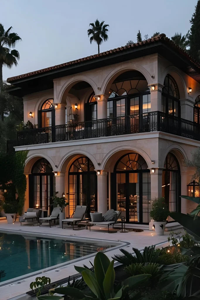 Mediterranean-style luxury villa with arched windows, wrought-iron balconies, warm lighting, and a serene poolside area.