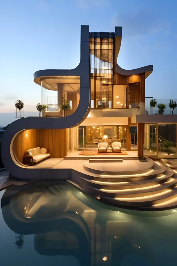 Luxury modern home with sculptural curved design, tiered pool, glass walls, and wood accents.