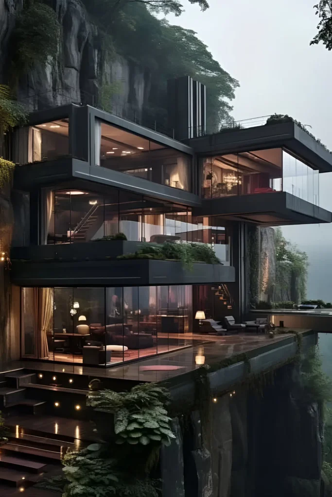 Luxury modern cliffside home with glass walls, multi-level terraces, and natural integration with rugged surroundings.