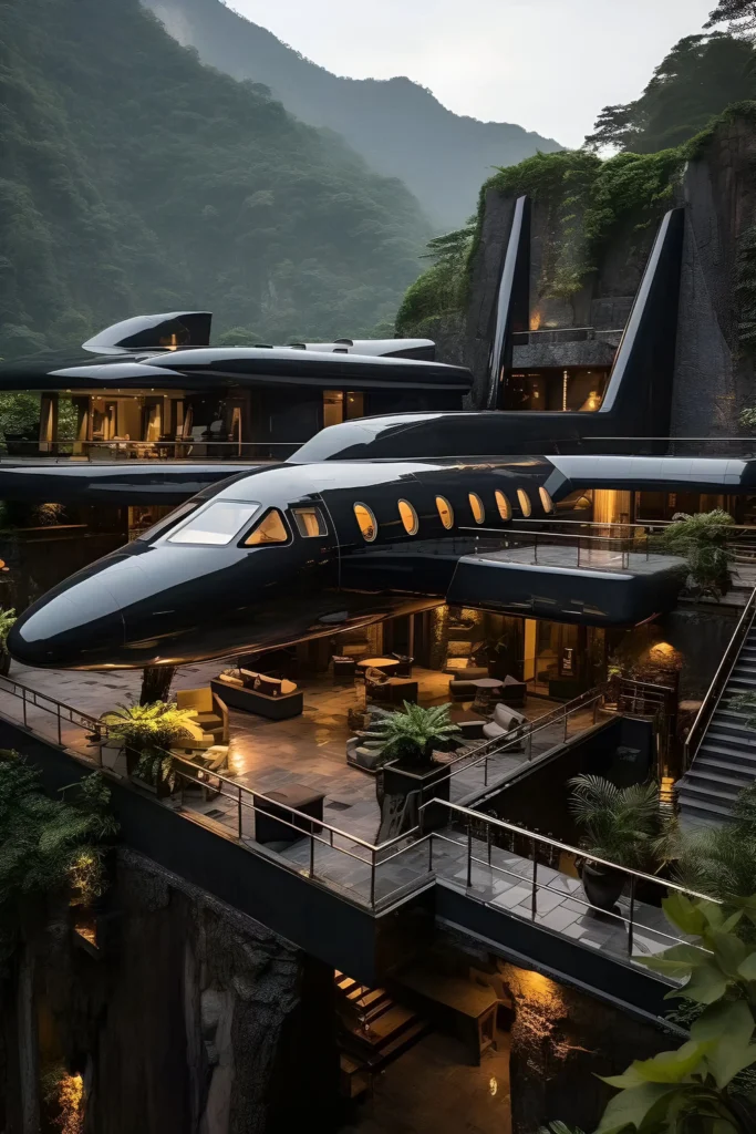 Futuristic luxury home with aviation-inspired design, sleek jet-like exterior, expansive terraces, and lush mountain surroundings.