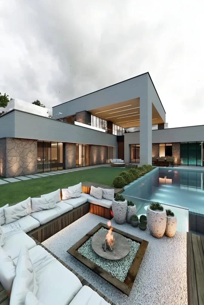 Luxury modern home with stone accents, glass walls, sunken fire pit, plush seating, and poolside area.