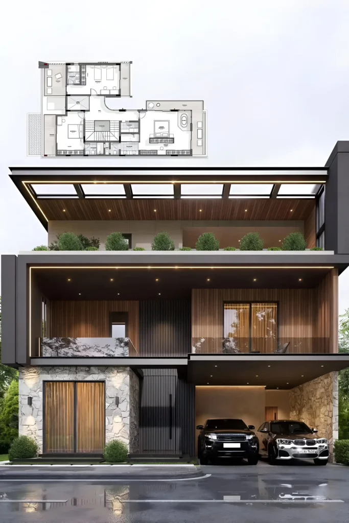 Luxury modern home with wooden textures, stone accents, glass walls, rooftop garden, and functional layout design.