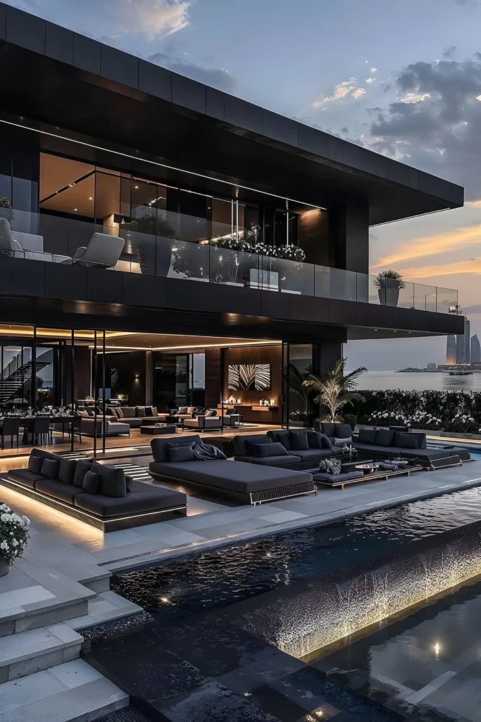 Luxury modern waterfront home with glass walls, sleek black interiors, outdoor lounge areas, and ambient lighting.