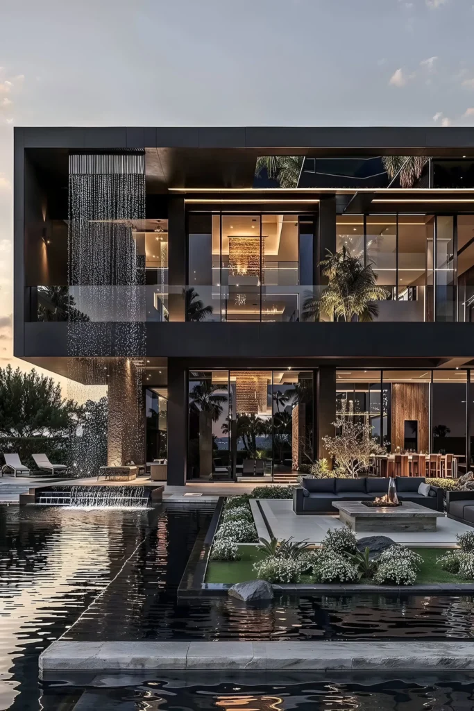 Luxury modern home with cascading waterfall, reflective pools, glass walls, fire-lit lounge, and lush landscaping.