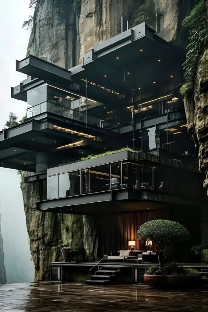 Modern cliffside home with glass walls, open terraces, lush greenery, and dramatic natural integration.