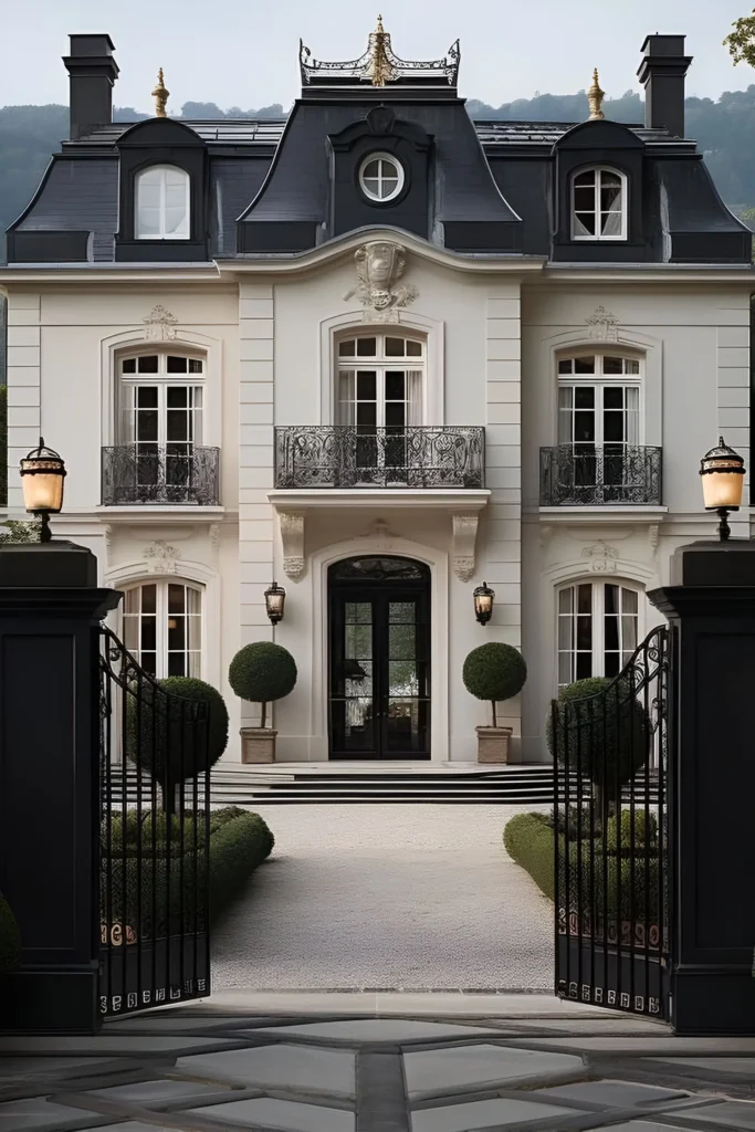 French-style luxury home with wrought-iron balconies, arched windows, and manicured landscaping.