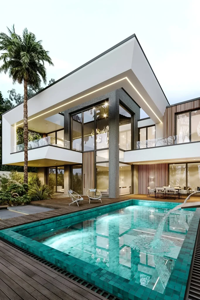 Contemporary villa with glass walls, wood accents, and a turquoise pool surrounded by a wooden deck.