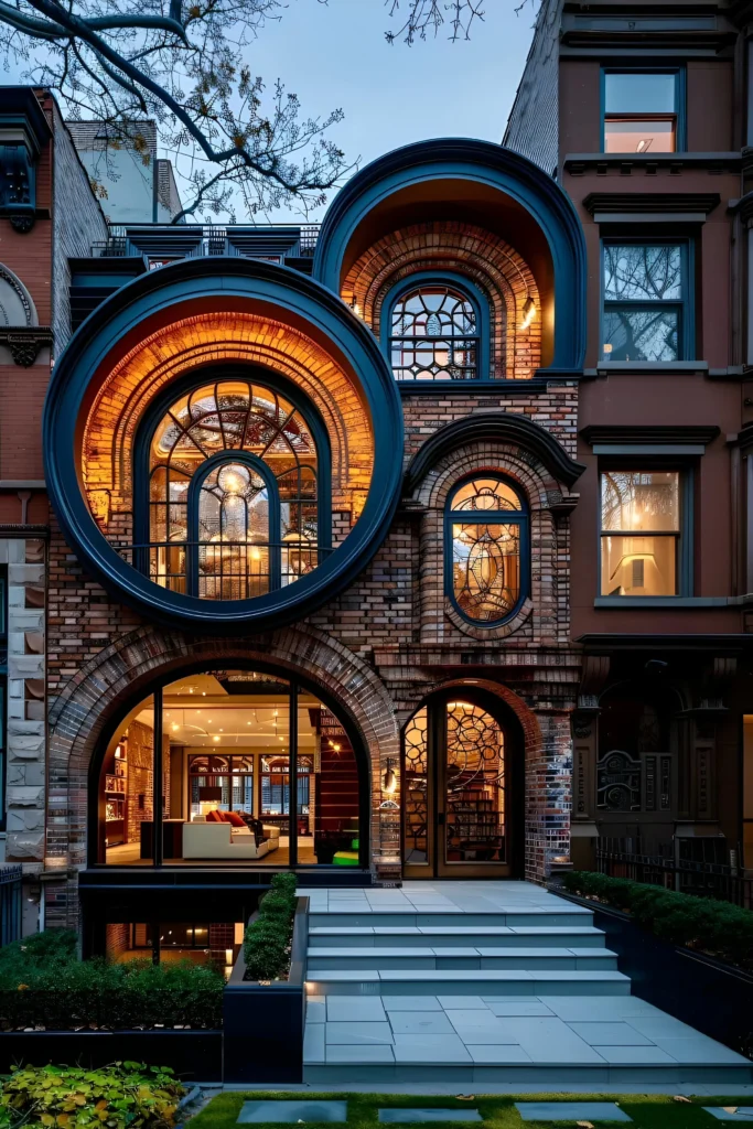 Urban home with circular architectural windows, illuminated brick facade, and a modernized entrance pathway.