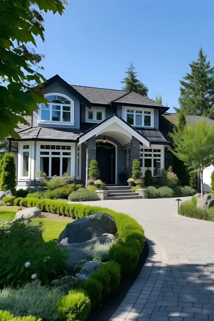 Suburban home with stone accents, arched entry, large windows, and beautifully landscaped front yard.