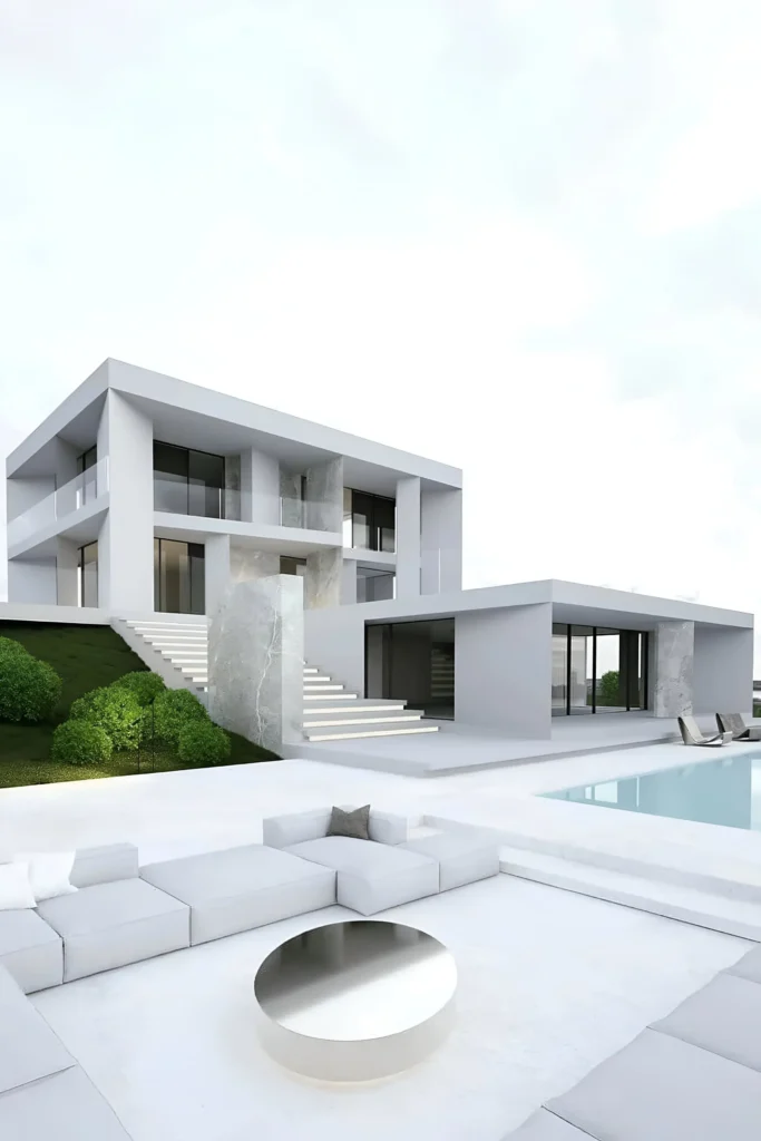 Minimalist white home with geometric design, outdoor pool, and a chic lounge area. Luxury Modern Homes