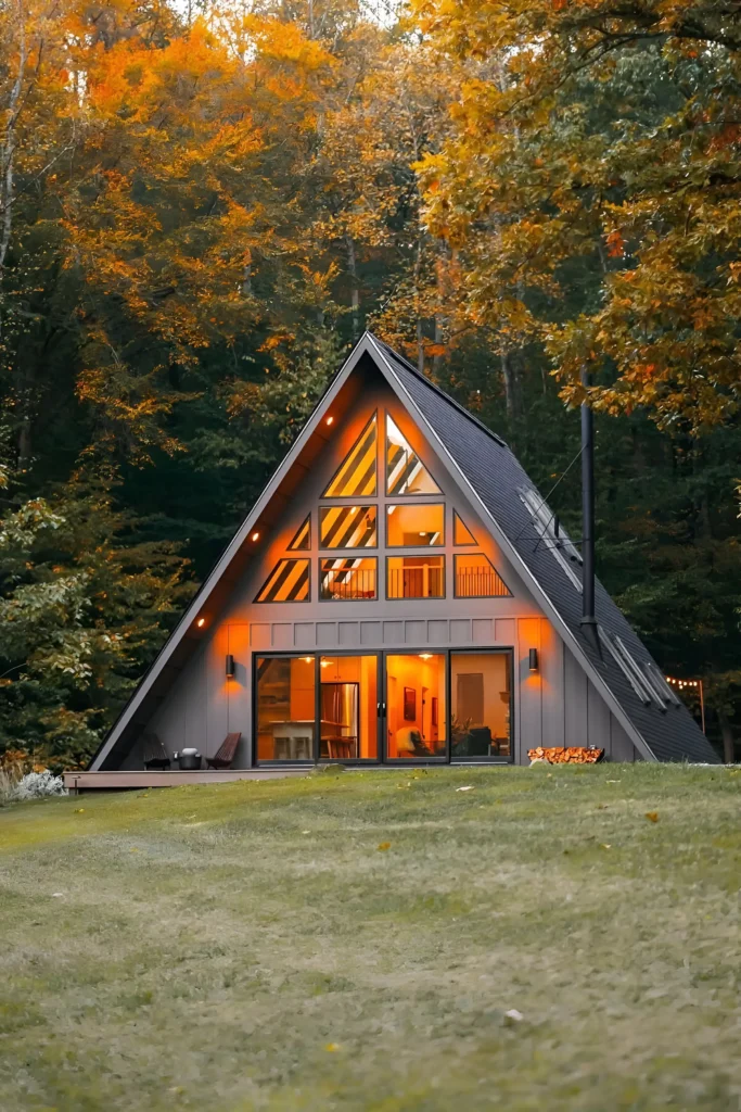 Modern A-frame house surrounded by autumn trees, featuring large floor-to-ceiling windows, glowing warm interior lights, and a spacious front deck.

Modern A-Frame Houses