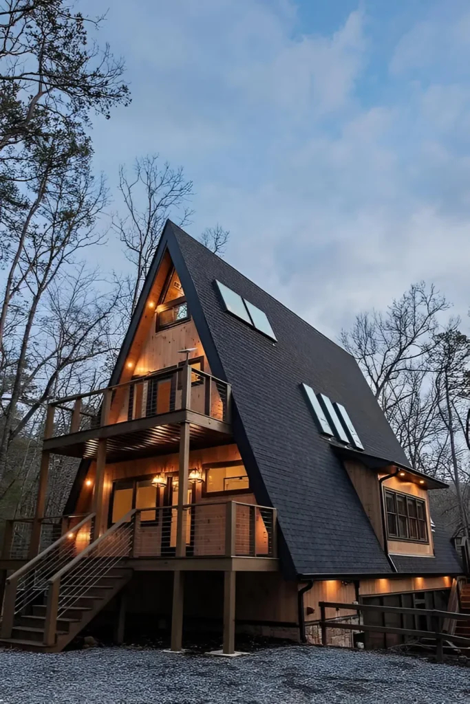 Modern A-frame cabin with dark exterior siding, wooden accents, elevated decks, large windows, and skylights, set against a wooded backdrop.