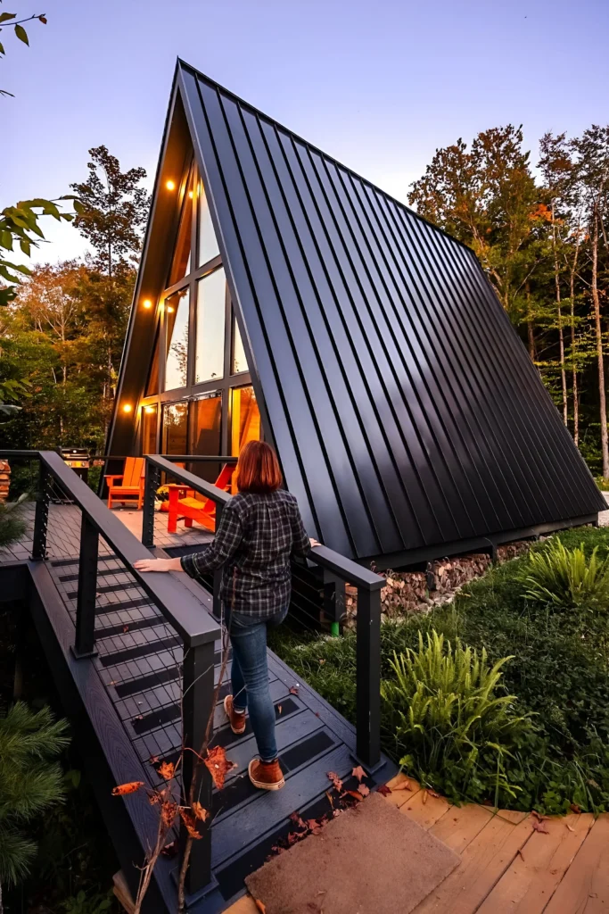 Modern A-frame house with black metal exterior, large glass panels, elevated walkway, and bright red outdoor seating surrounded by lush greenery.