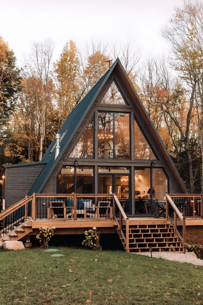 Classic A-frame house with a large glass facade, spacious wooden deck, and warm interiors, set in a wooded autumn landscape.