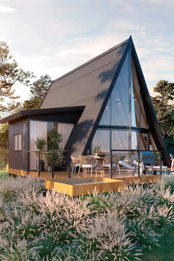 Modern A-frame house with black facade, floor-to-ceiling windows, spacious wooden deck, and landscaped surroundings in a serene setting.