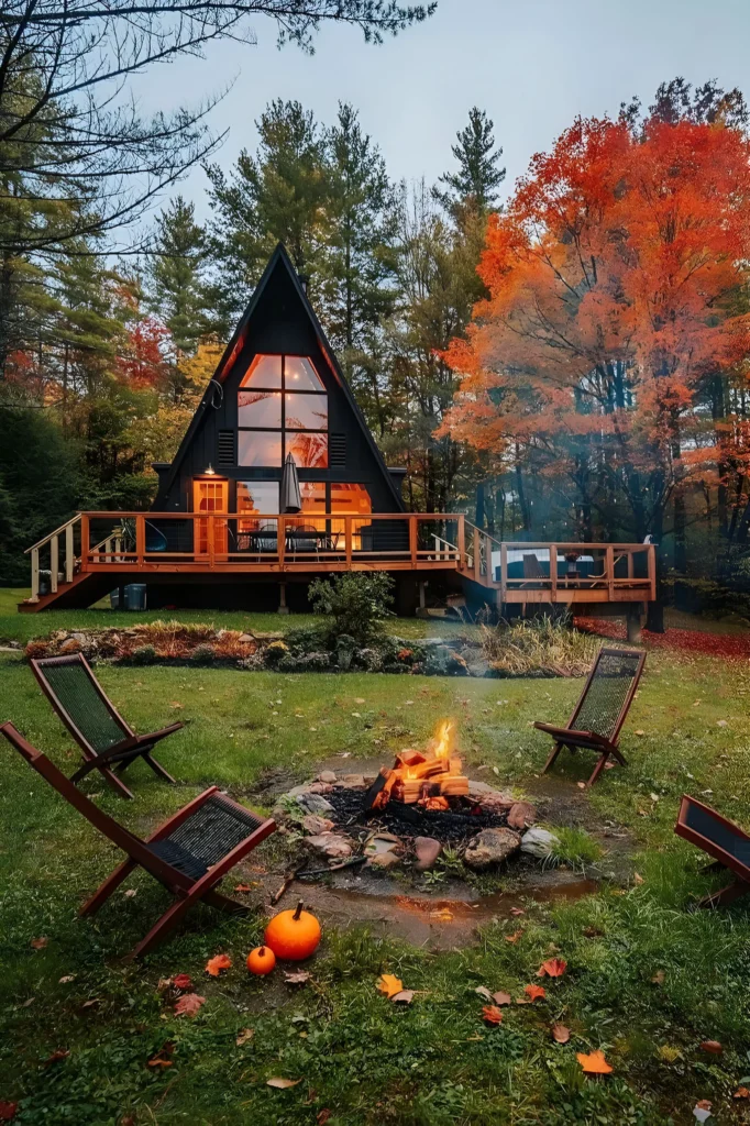 Modern A-frame house with a spacious deck, glowing warm lights, fire pit, and surrounded by vibrant autumn foliage and pumpkins.