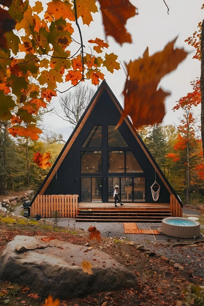 Modern A-frame house with a dark exterior, spacious front deck, outdoor hot tub, and surrounded by vibrant autumn foliage.