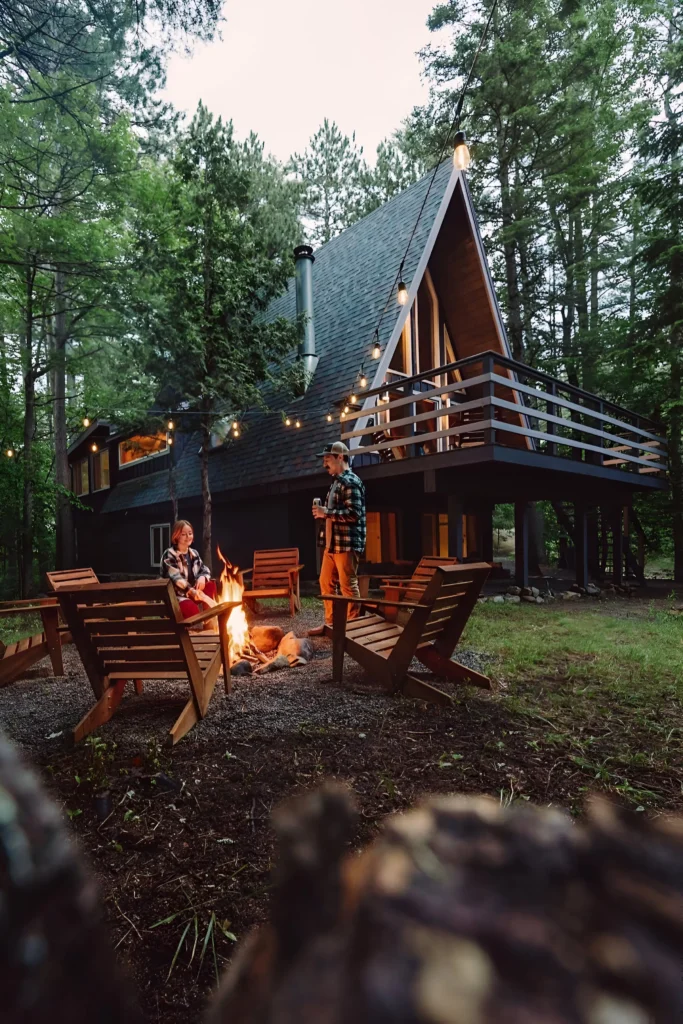 Rustic A-frame house with a spacious balcony, outdoor fire pit, wooden chairs, and string lights in a forest setting.