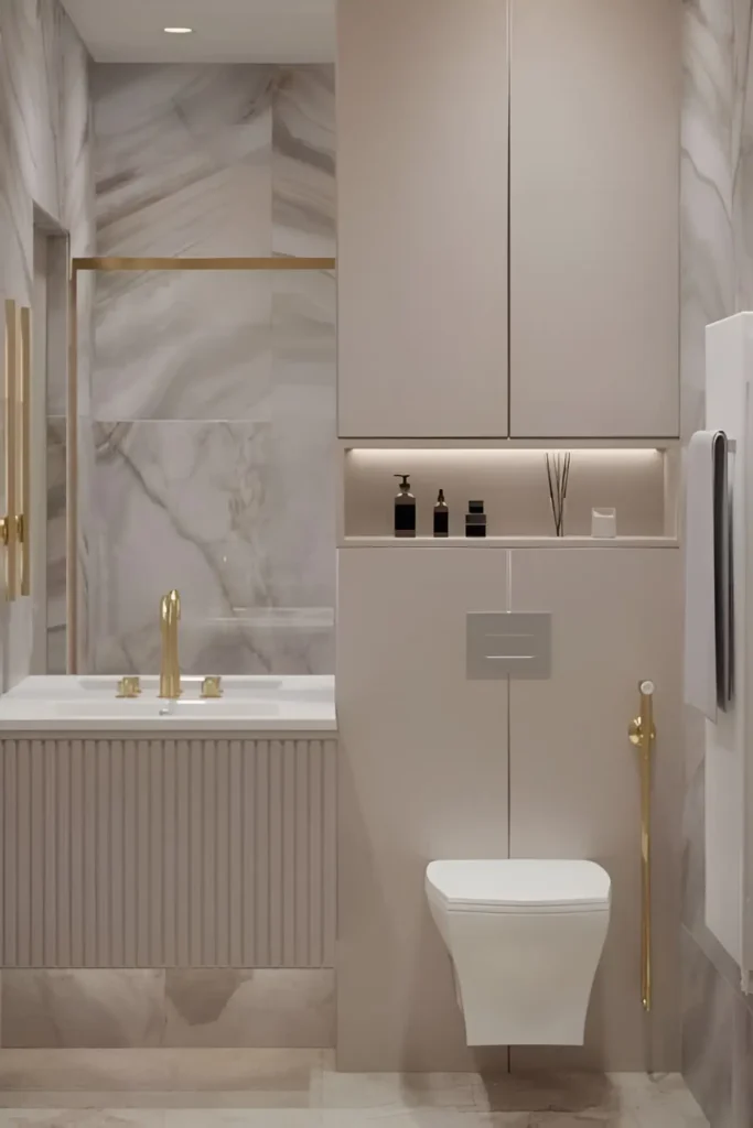 Neutral modern bathroom design featuring marble-effect walls, gold fixtures, wall-mounted toilet, and built-in shelving with soft lighting.