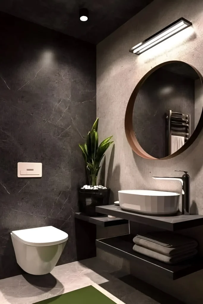 Modern bathroom with dark matte walls, floating vanity, round wooden-framed mirror, and a touch of greenery.