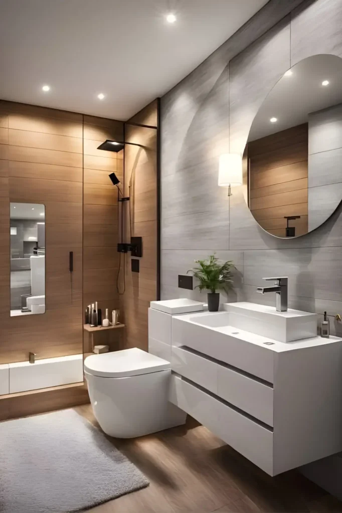 Modern bathroom featuring warm wood-paneled shower, white floating vanity, round mirror, and soft ambient lighting.