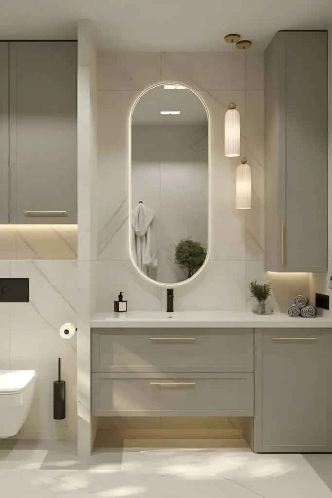 Modern bathroom with soft gray cabinetry, marble walls, arched backlit mirror, pendant lighting, and gold hardware accents.