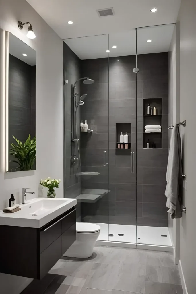 Modern compact bathroom with dark tiled walls, glass-enclosed shower, floating vanity, large mirror, and built-in shelving.