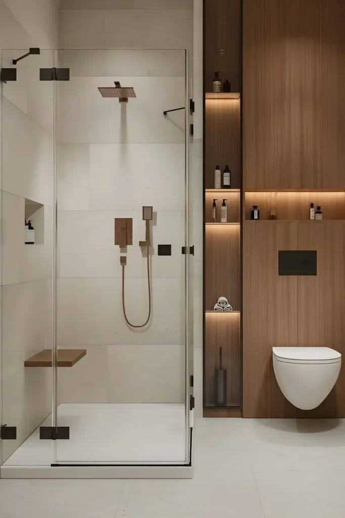 Modern bathroom with warm wood paneling, white tiles, glass-enclosed shower, integrated backlit shelving, and a wall-mounted toilet.