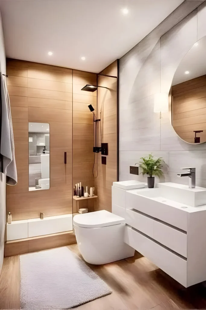 Modern bathroom featuring light wood paneling, white vanity, glass-enclosed shower, and small greenery accents for a fresh look.