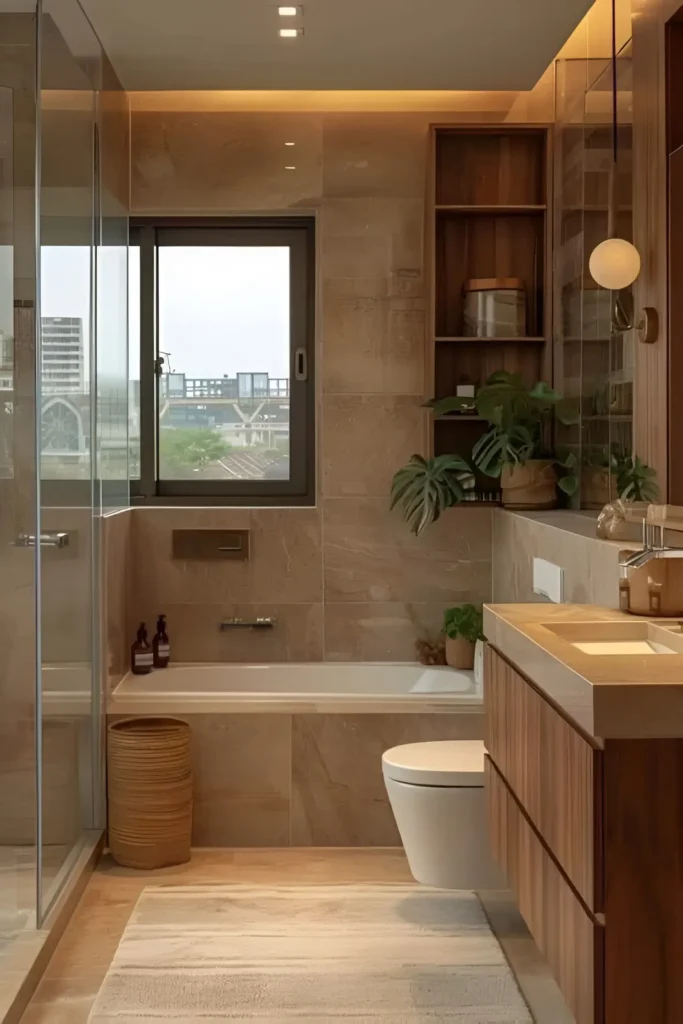 Modern bathroom featuring beige tiles, wooden cabinetry, a large window for natural light, built-in shelving, and greenery accents.