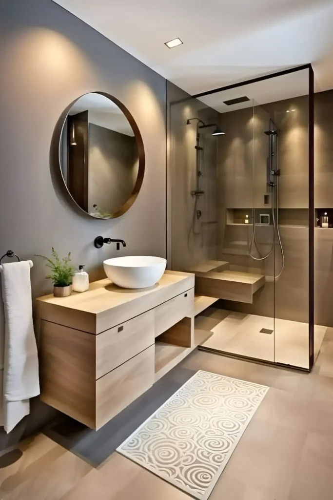 Modern Scandinavian bathroom with a light wood floating vanity, vessel sink, frameless glass shower, built-in bench, and round mirror.