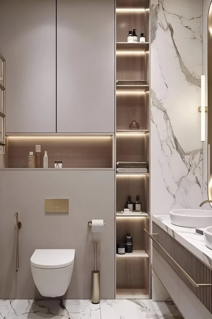 Modern bathroom with backlit shelving, marble accents, floating vanity, and wall-mounted toilet for a sleek, minimalist look.