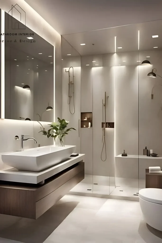 Modern minimalist bathroom with a floating vanity, vessel sink, glass-enclosed shower, recessed shelving, and soft ambient lighting.