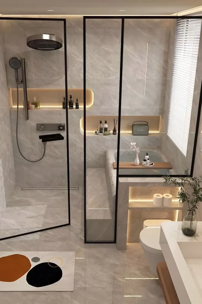 Modern spa-inspired bathroom with glass-enclosed shower, recessed illuminated shelves, sleek built-in bench, and black-framed details.

