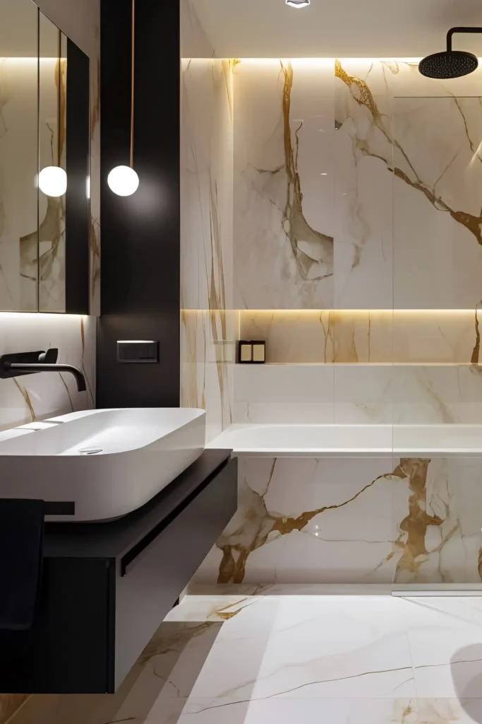 Modern bathroom with gold-veined marble tiles, black vanity, sleek black fixtures, and warm backlighting for an elegant design.