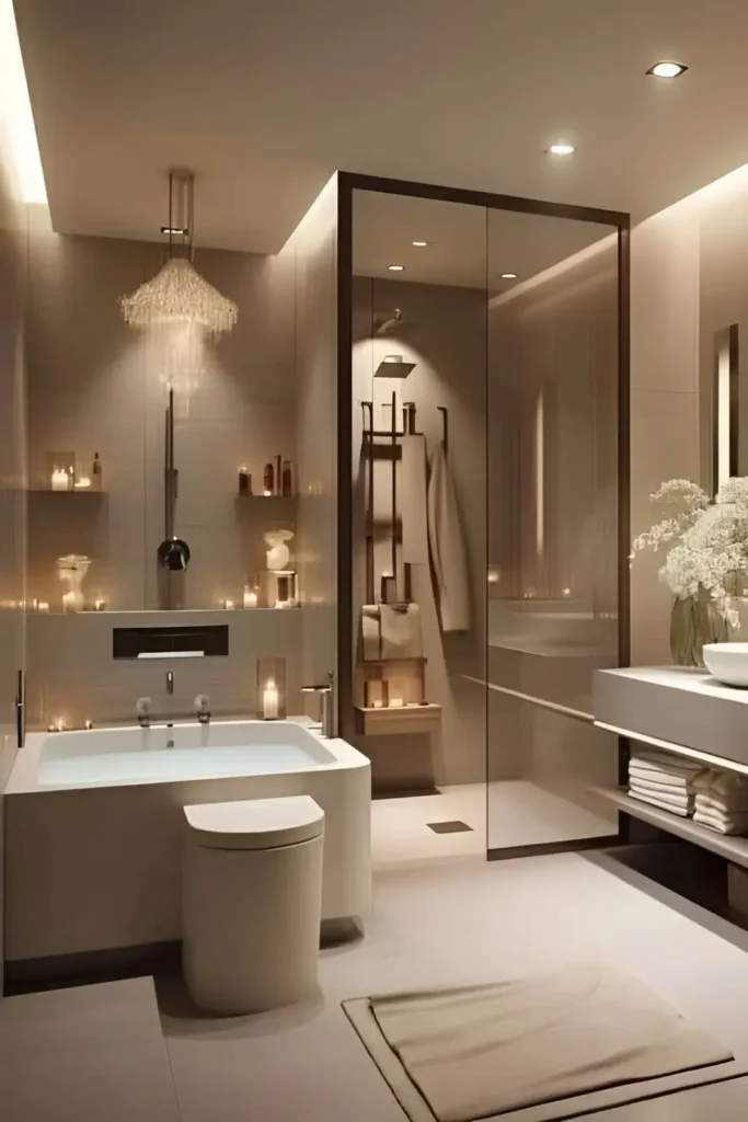 Modern bathroom with freestanding tub, recessed candlelit shelving, glass-enclosed shower, and elegant chandelier lighting.