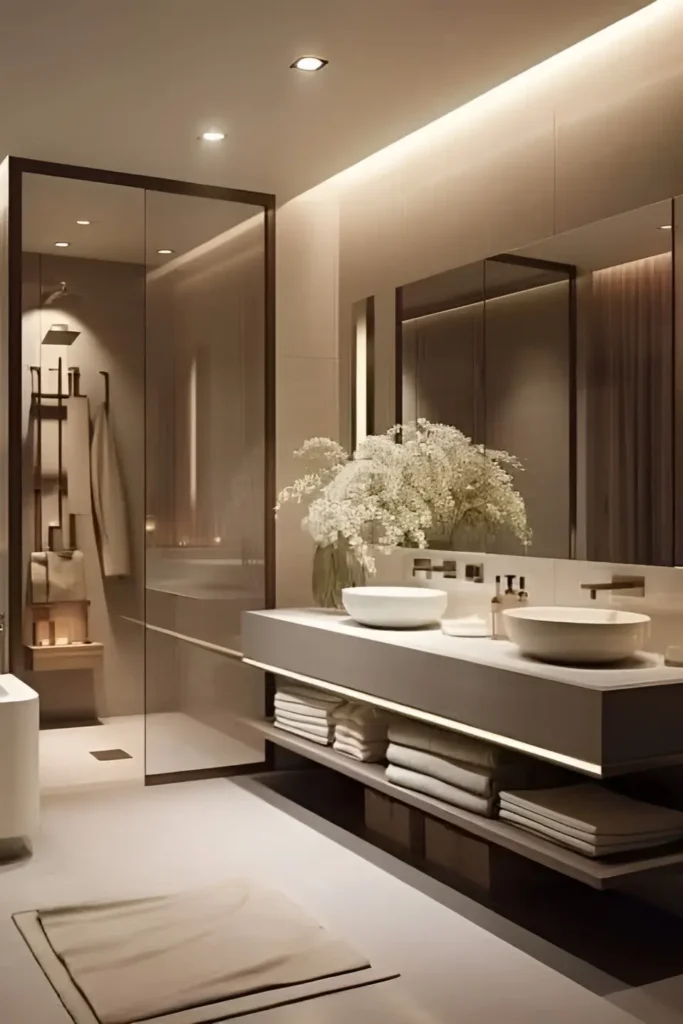 Modern bathroom with floating double vanity, vessel sinks, warm backlighting, glass-enclosed shower, and open shelving.