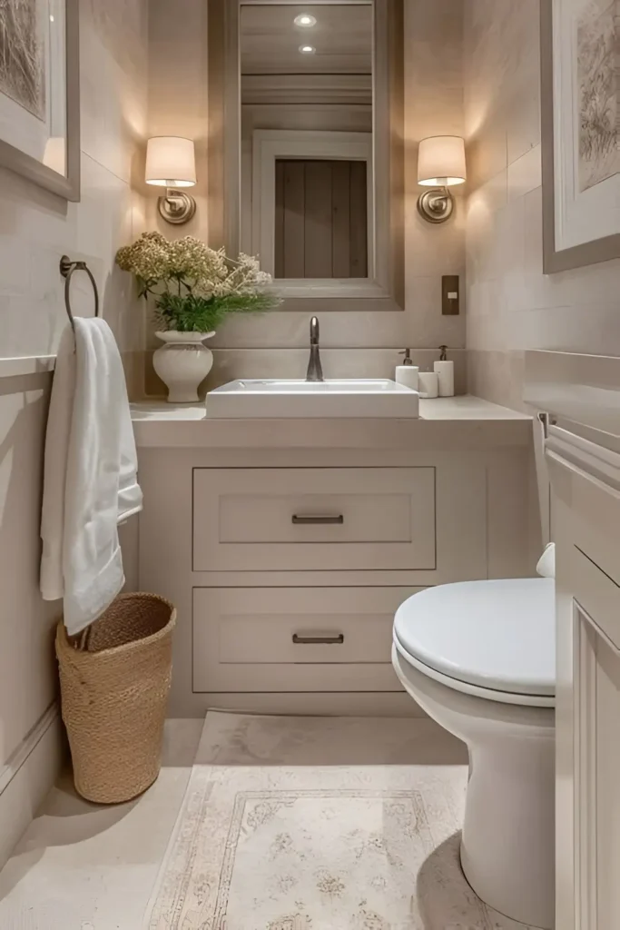 Compact bathroom with neutral tones, vessel sink, framed mirror, wall sconces, woven basket, and fresh greenery.