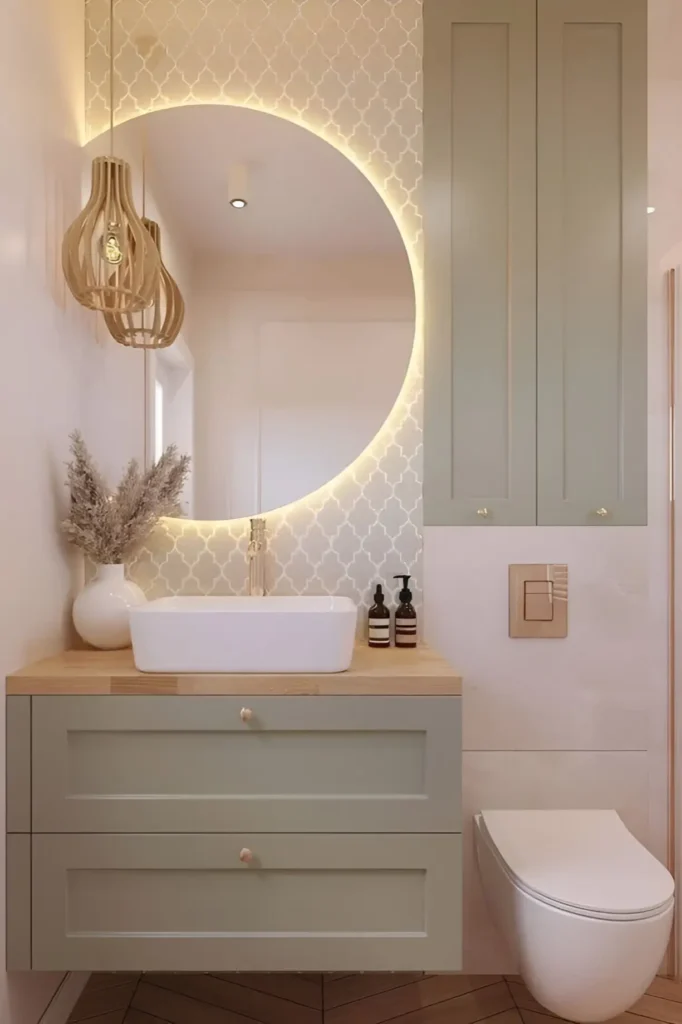 Modern bathroom featuring marble chevron backsplash, brass fixtures, floating vanity with vessel sink, and soft globe pendant lights.