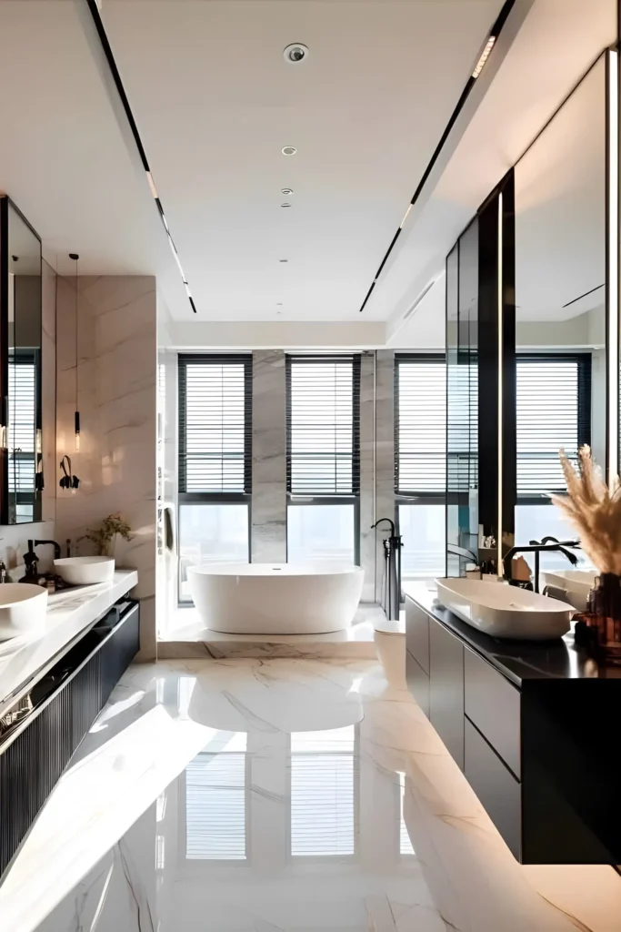 Modern luxury bathroom with freestanding tub, black vanities, vessel sinks, white marble finishes, and floor-to-ceiling windows.