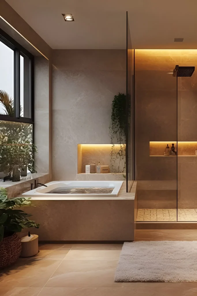 Modern bathroom with built-in bathtub, natural stone textures, recessed niches with warm lighting, greenery, and glass-enclosed shower.

