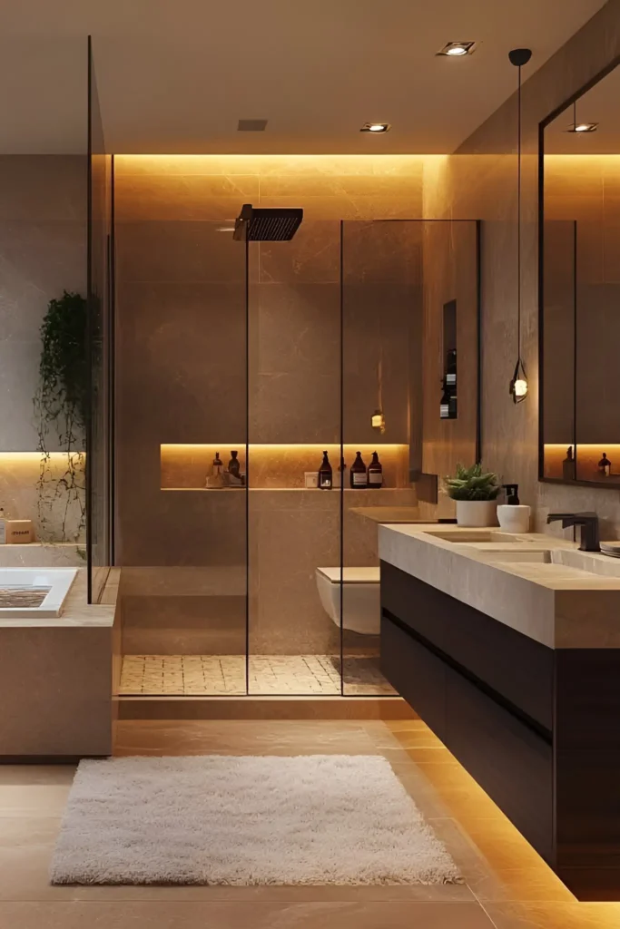 Modern bathroom with floating dual-sink vanity, warm recessed lighting, glass-enclosed shower, and minimalist earthy tones.