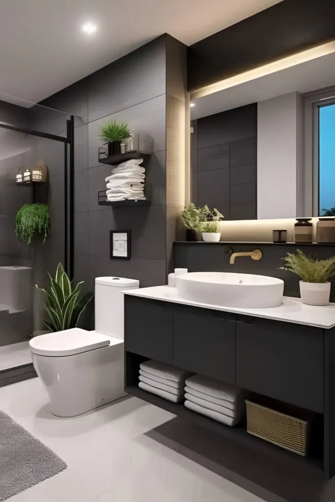 Modern bathroom with black cabinetry, white vessel sink, warm backlighting, glass-enclosed shower, and vibrant greenery.