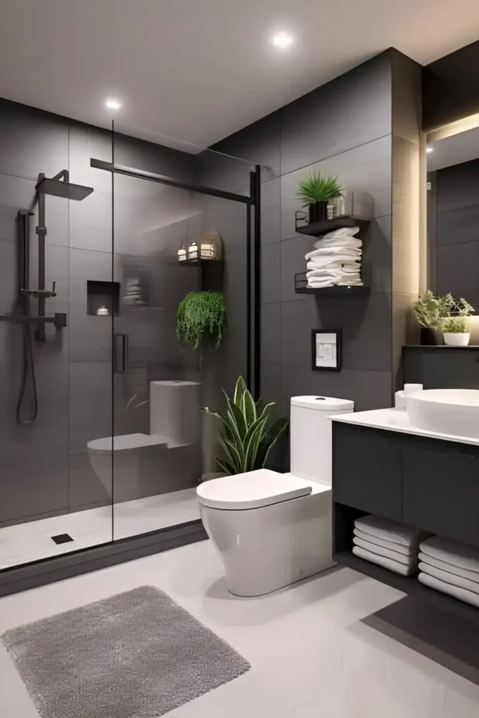 Modern black bathroom with glass-enclosed shower, open shelving, gray rug, and greenery accents.