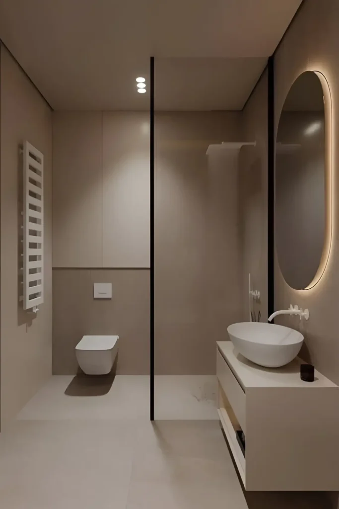 Minimalist bathroom with warm beige tones, wall-mounted toilet, vessel sink, backlit mirror, and black-framed glass divider.