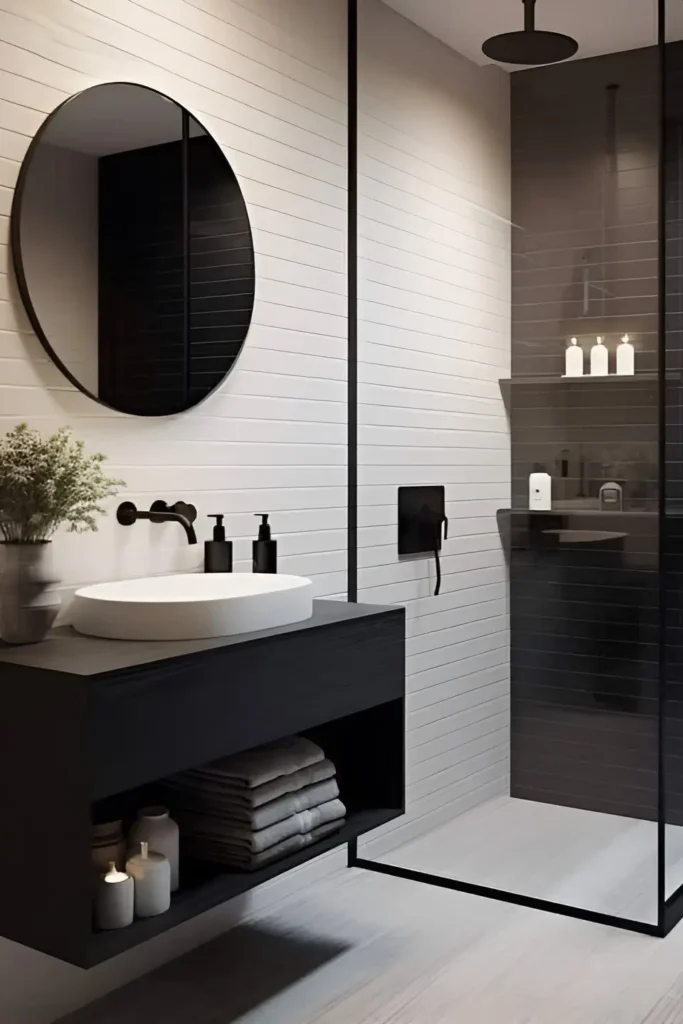 Monochrome bathroom with black vanity, round mirror, wall-mounted faucet, and black-framed glass shower enclosure.